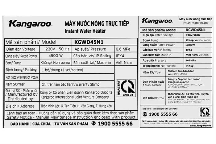 Máy nước nóng trực tiếp Kangaroo 4500W KGWD45N1