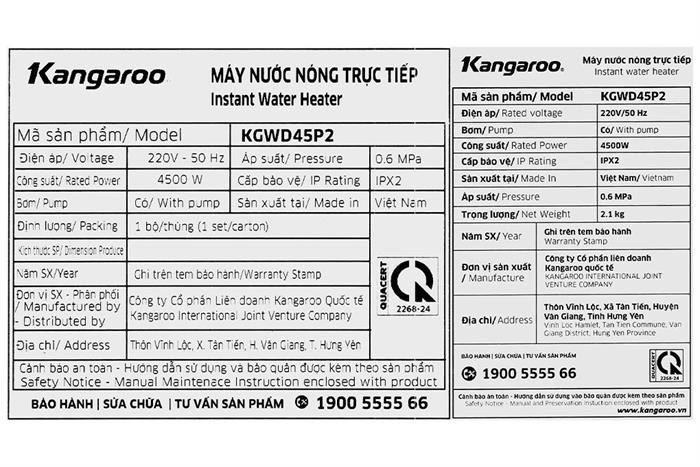 Máy nước nóng trực tiếp Kangaroo 4500W KGWD45P2
