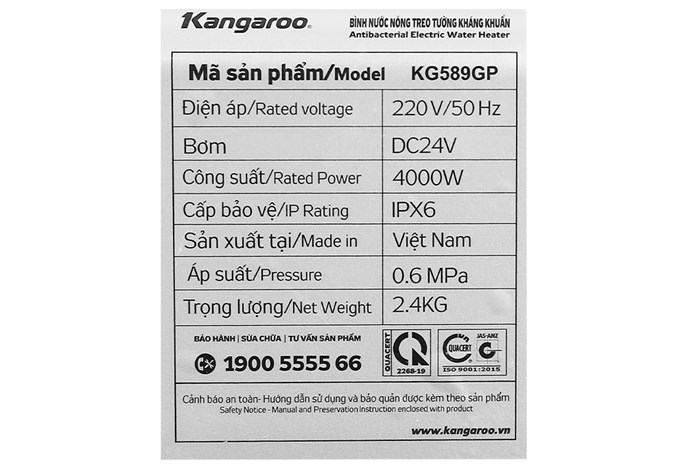 Máy nước nóng trực tiếp Kangaroo 4000W KG589GP