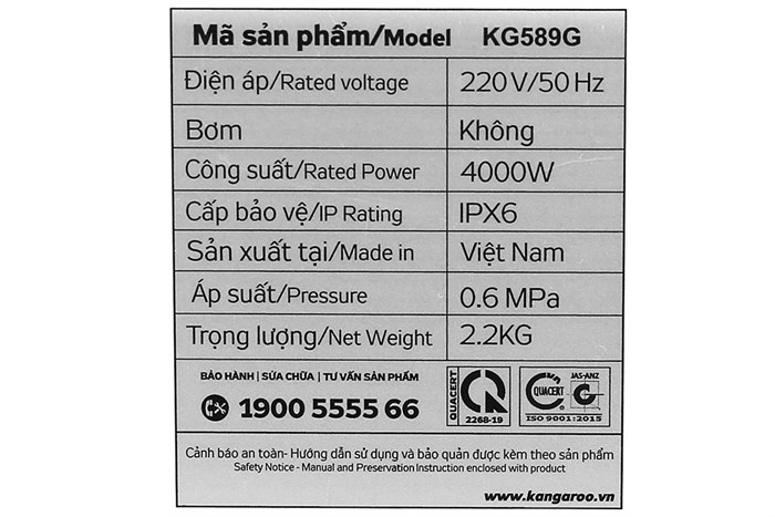 Máy nước nóng trực tiếp Kangaroo 4000W KG589G
